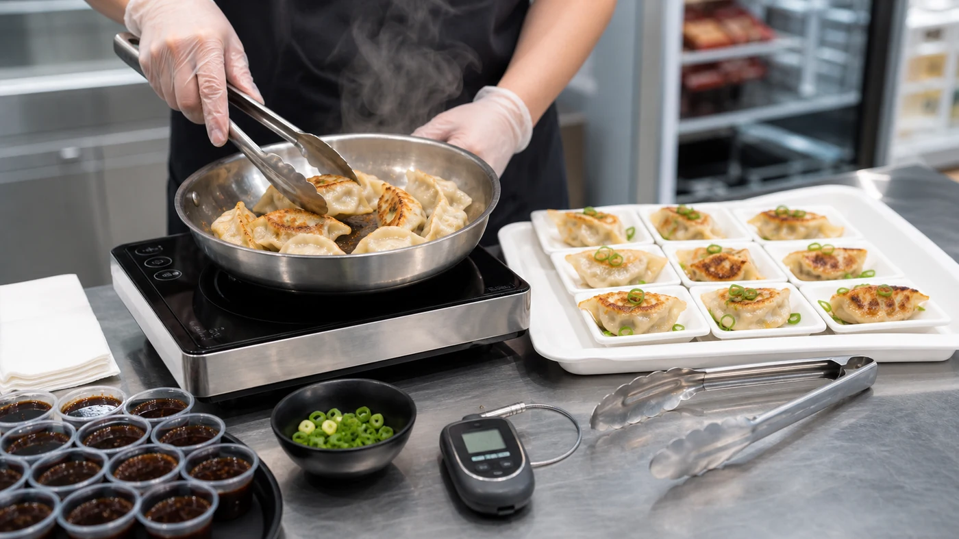 Retail tasting prep station with gluten-free dumplings cooking in a skillet, sample cups, clean tongs and a food thermometer