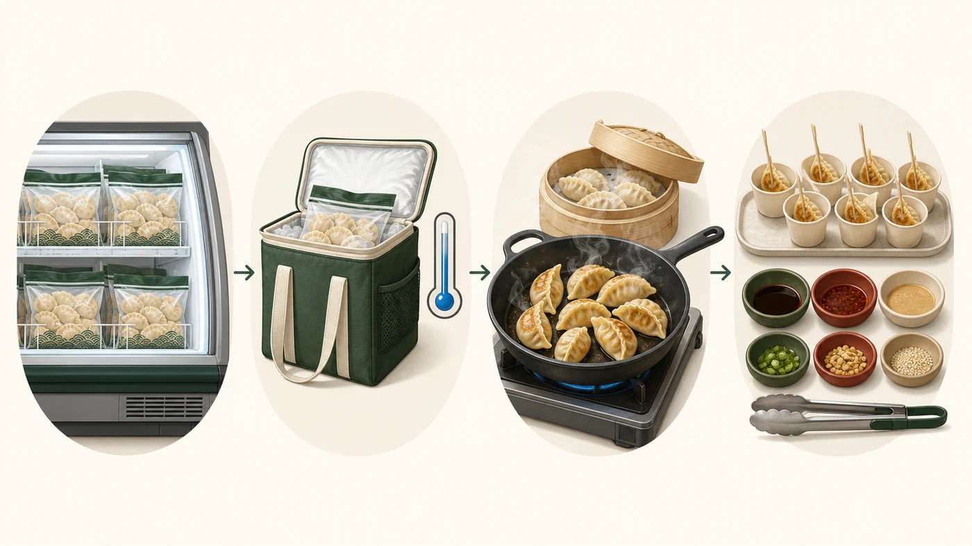 No-text illustration of a retail freezer demo workflow from frozen storage to insulated transport, hot cooking and separated tasting cups
