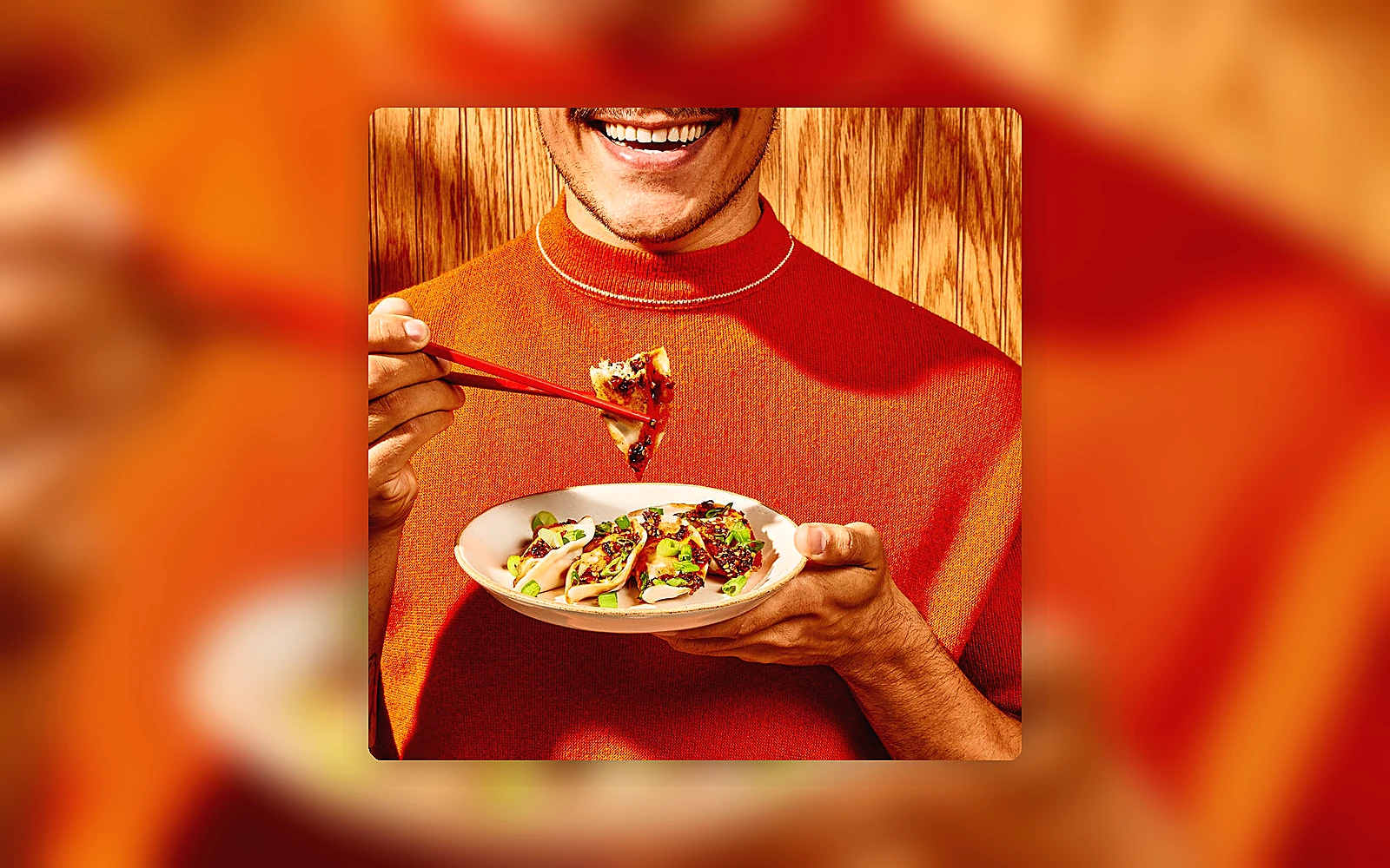 Cooked dumplings served on a plate in a warm food photography setting