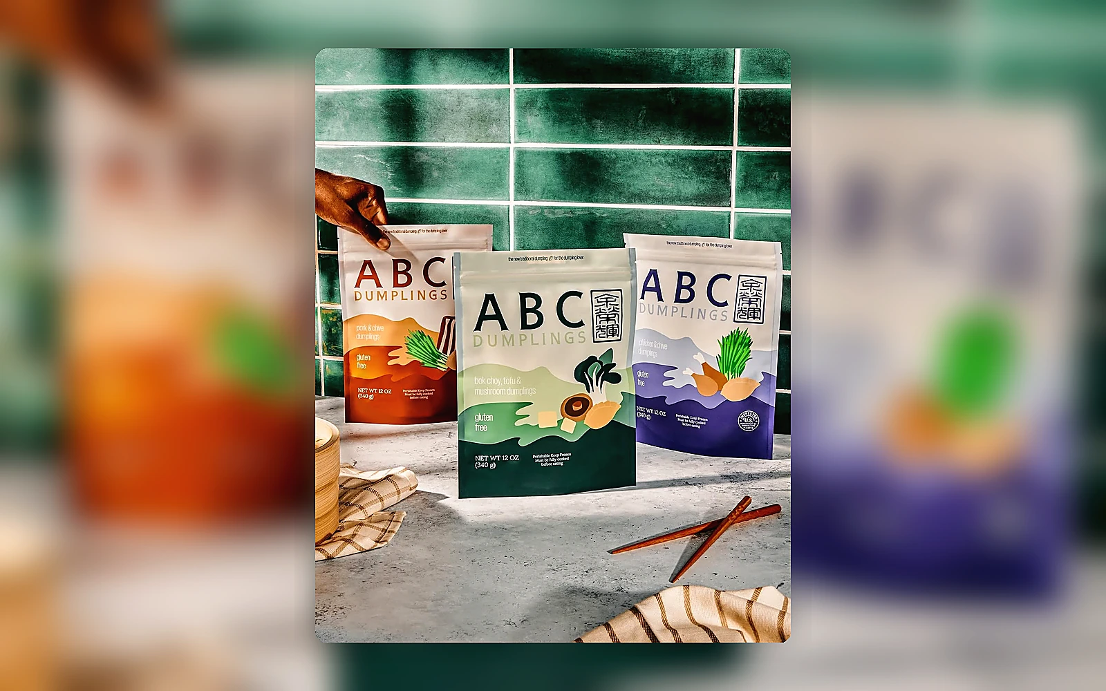 ABC Dumplings packages displayed in a grocery-style food setting