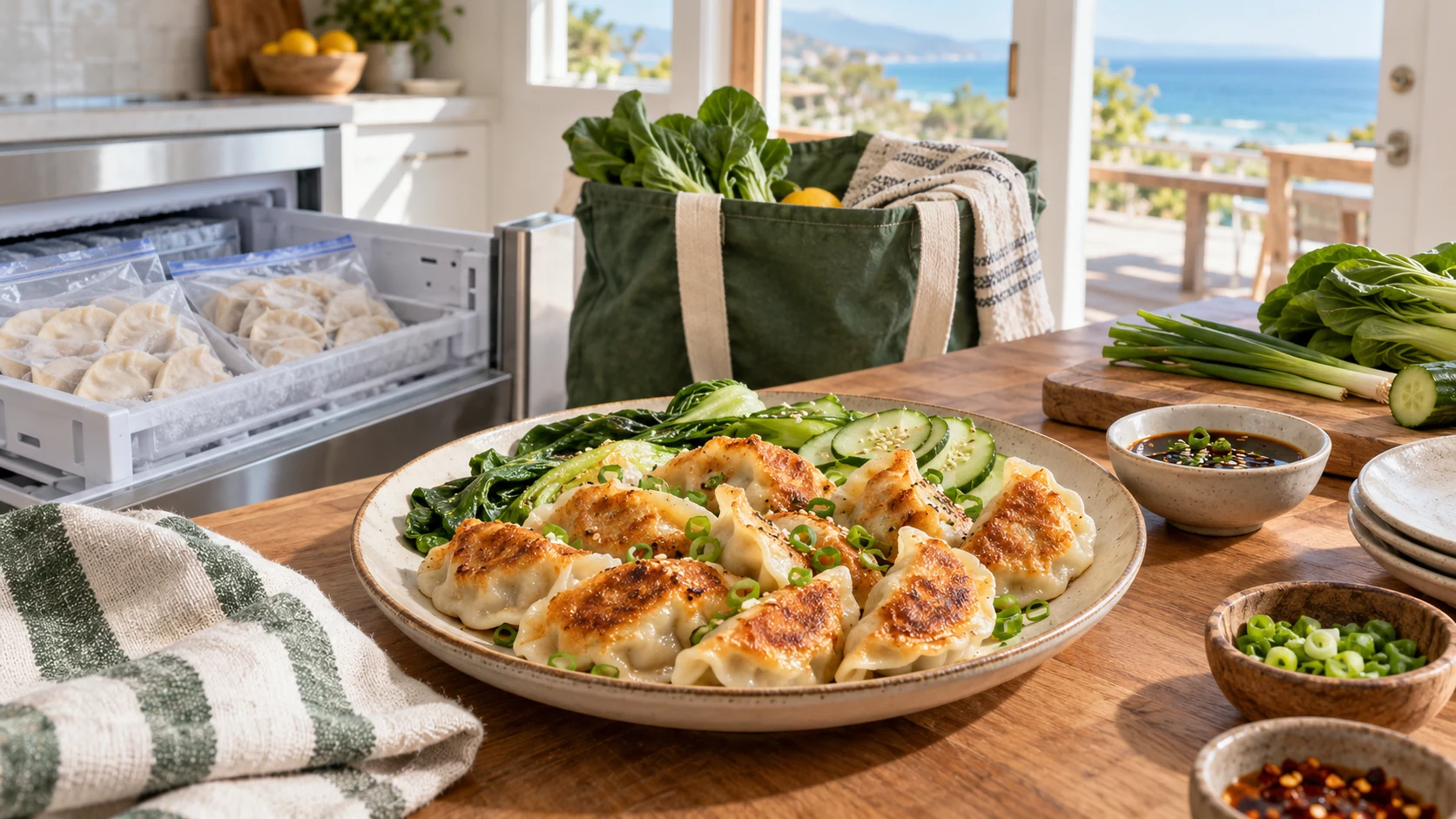 Golden gluten-free dumplings on a vacation rental kitchen counter with an open freezer drawer, insulated tote, greens and sauce