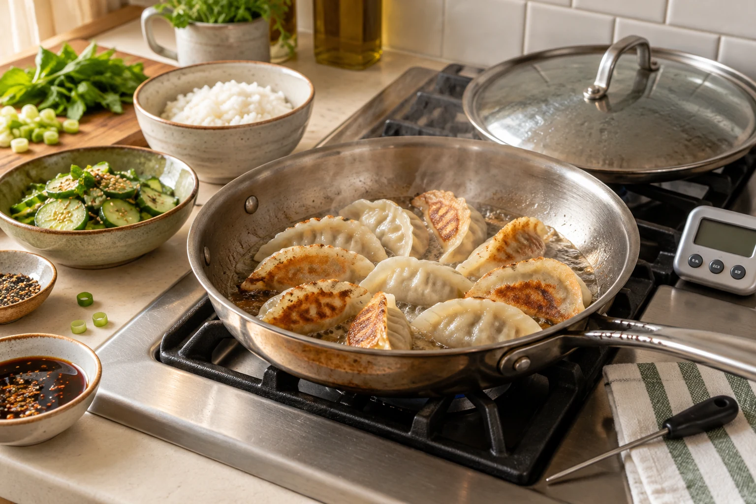 Gluten-free frozen dumplings pan-steaming in a compact rental kitchen with rice, cucumber salad, sauce and a food thermometer nearby