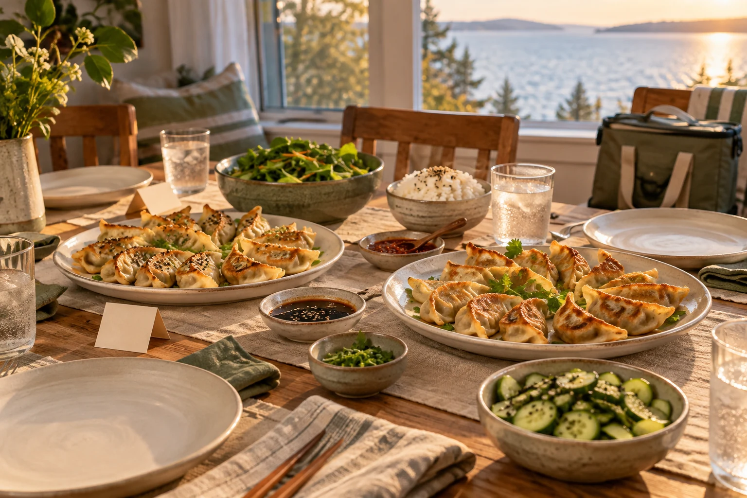 Vacation rental dinner table with separate platters of golden dumplings, rice, cucumbers, greens, sauces and an insulated grocery bag