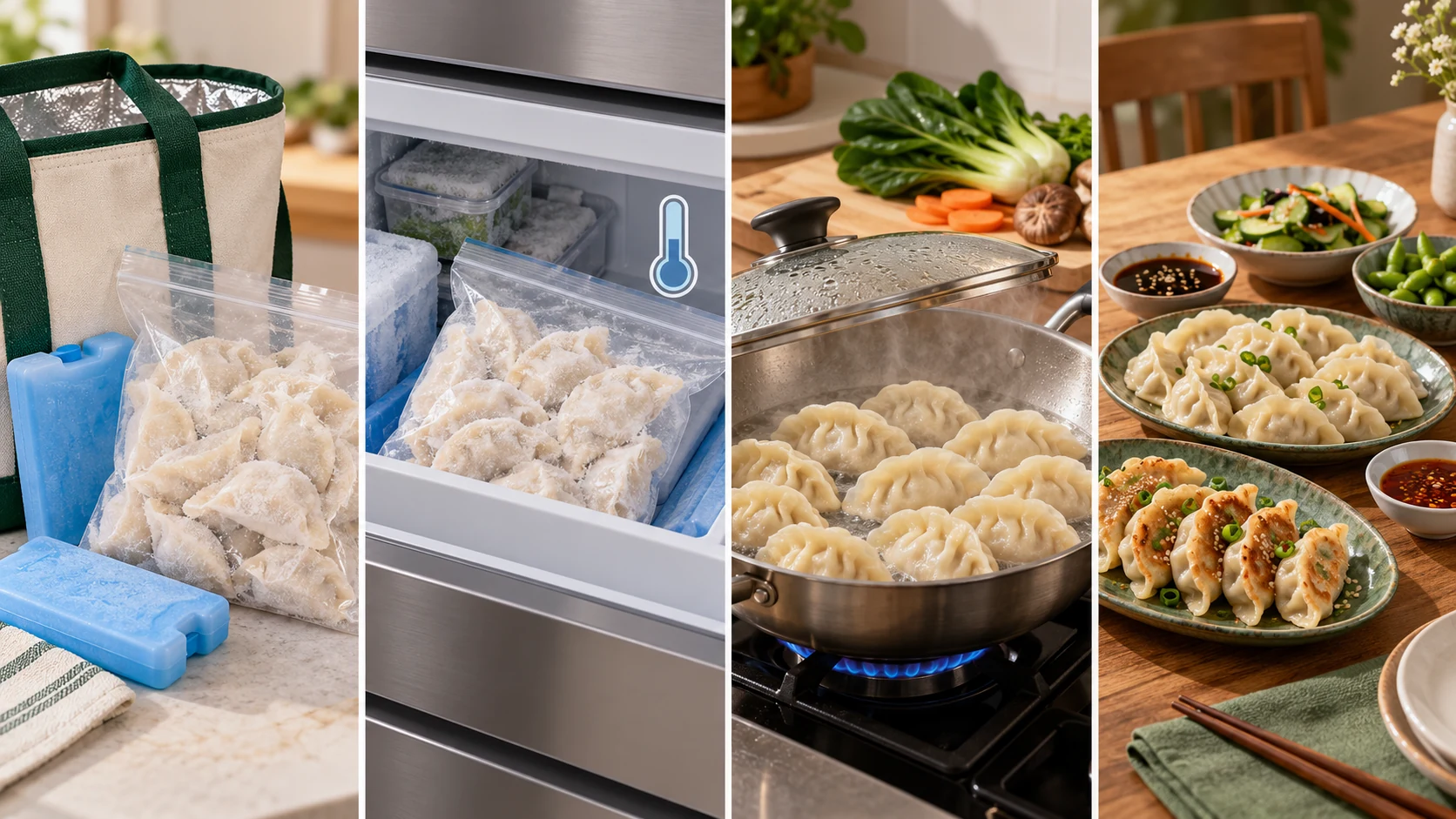 Text-free four-panel visual flow showing insulated frozen dumpling transport, freezer storage, pan cooking and a finished rental-house dumpling dinner