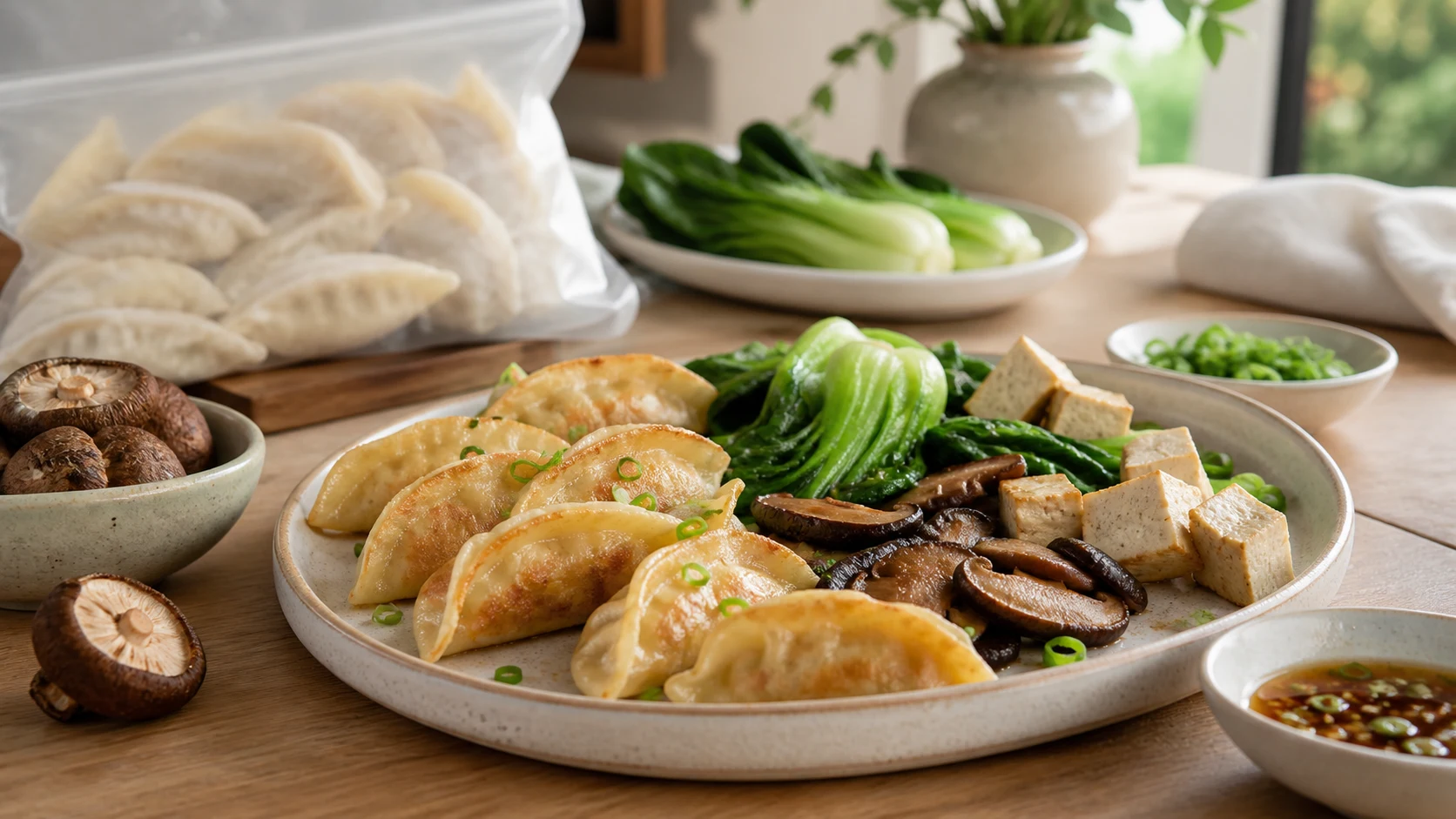 Golden vegetarian gluten-free dumplings served with bok choy, tofu cubes, shiitake mushrooms and dipping sauce on a warm kitchen table