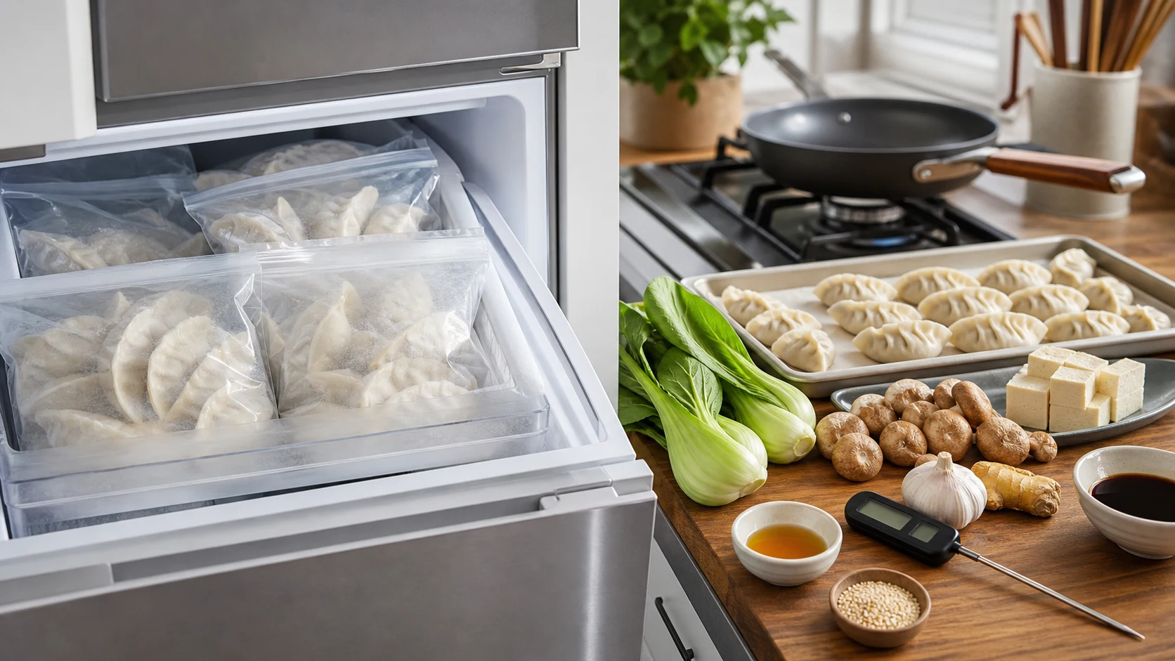 Organized freezer drawer and kitchen counter with frozen dumplings, bok choy, mushrooms, tofu, sauce ingredients, pan and food thermometer
