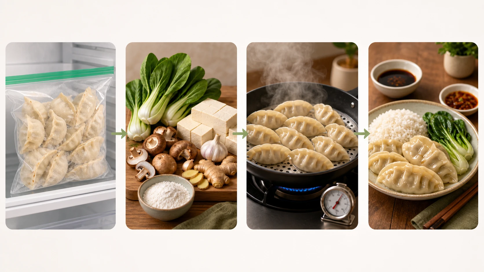 No-text four-panel visual flow showing frozen dumplings, vegetarian ingredients, pan-steaming and a finished dumpling dinner plate