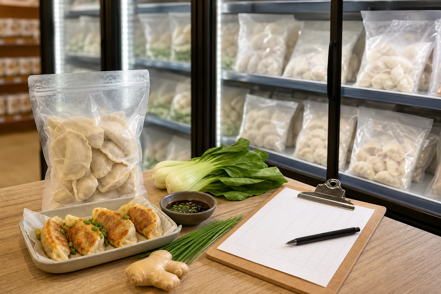 Generic frozen dumpling bags, pan-fried dumplings, bok choy and a blank wholesale checklist in a premium grocery freezer aisle