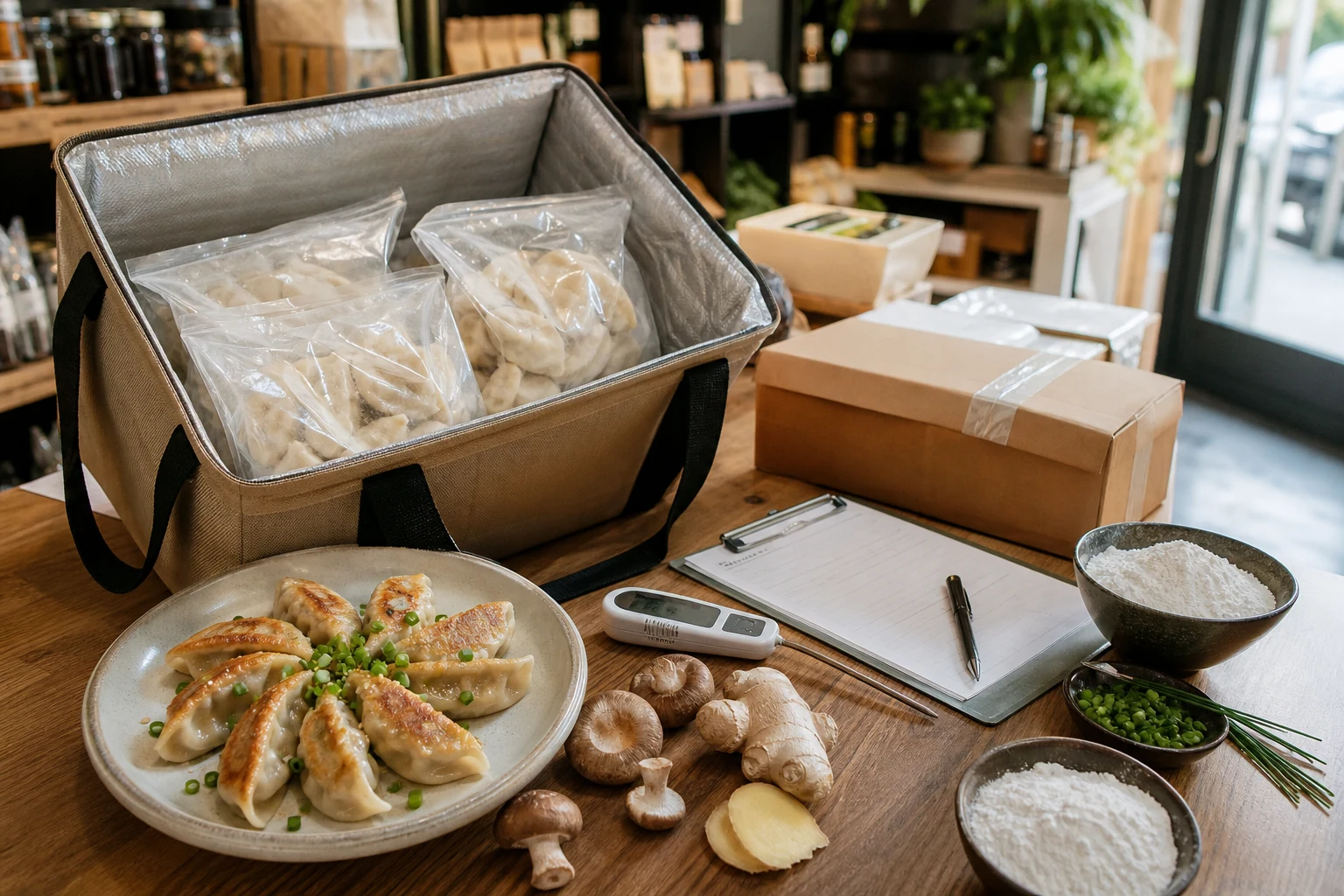 Insulated frozen food tote, generic dumpling bags, thermometer, blank purchase order and cooked dumplings for reseller planning