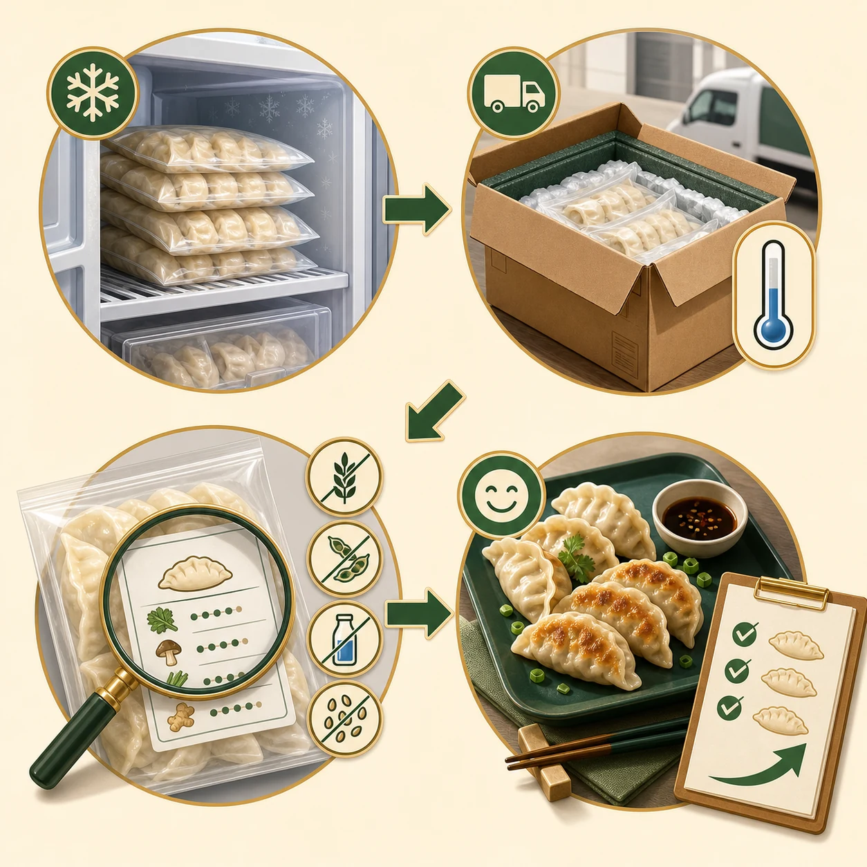 No-text wholesale freezer program illustration showing freezer placement, delivery temperature, label review and tasting tray steps